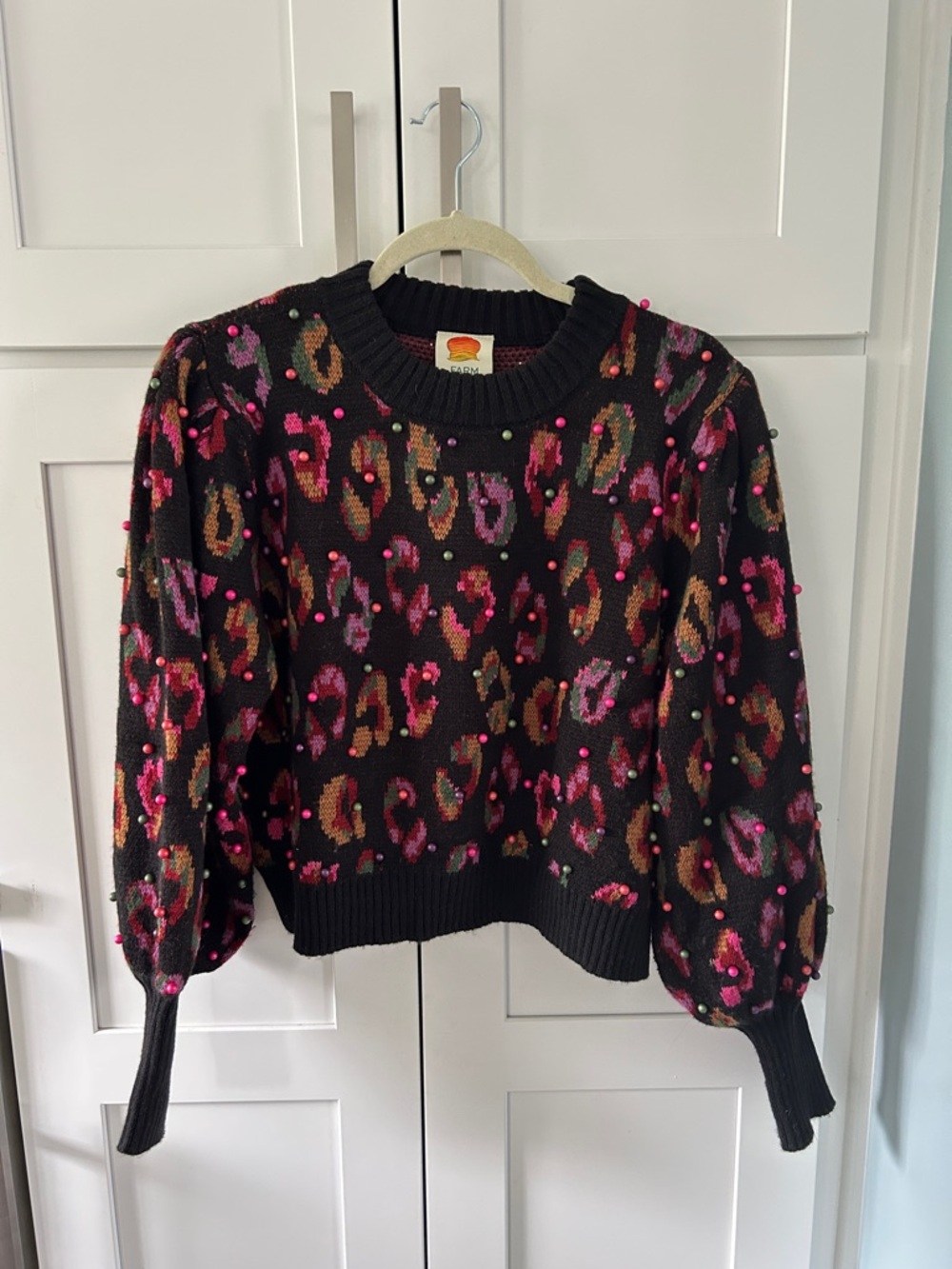 FARM Rio Black Leopard-Print Puff-Sleeve Sweater with Pink & Brown Accents